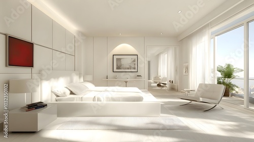 96. A white bedroom featuring modern furniture and bright finishes