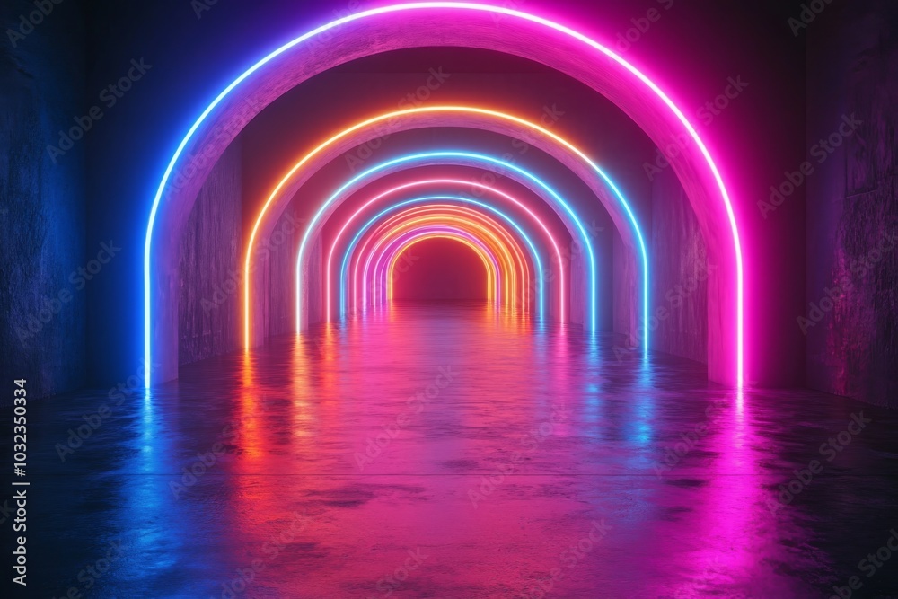 Neon Glowing Arches with Reflection on Wet Floor Neon Glowing Arches with Reflection on Wet Floor