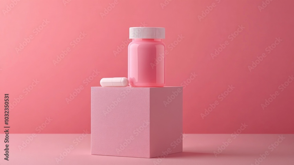 Pink Pill Bottle and Capsule on Pink Cube Pink Pill Bottle and Capsule on Pink Cube