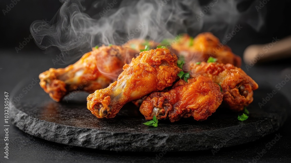 Delicious fried chicken with smoke billowing out, placed on a black stone background, emphasizing the spiciness and deliciousness of this dish.