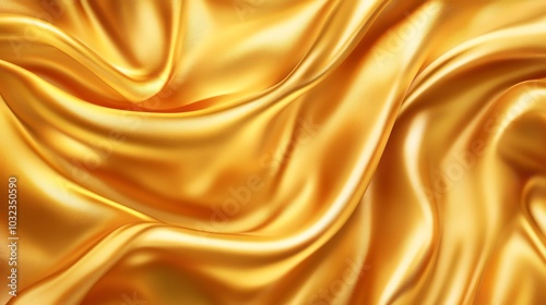 Golden satin fabric draped in soft waves, luxurious and shiny, perfect for elegant decoration