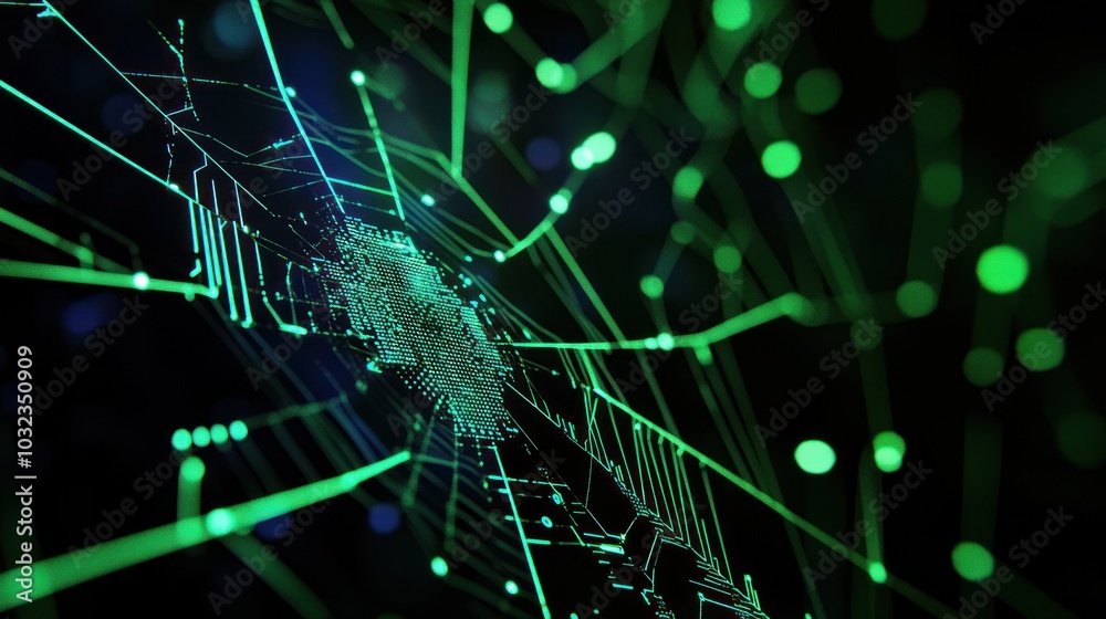 Obraz premium Futuristic green data web glowing with digital paths.