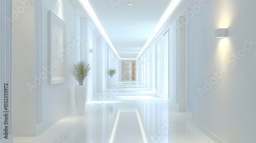 80. A white hallway with bright lighting and minimal decor for an open atmosphere