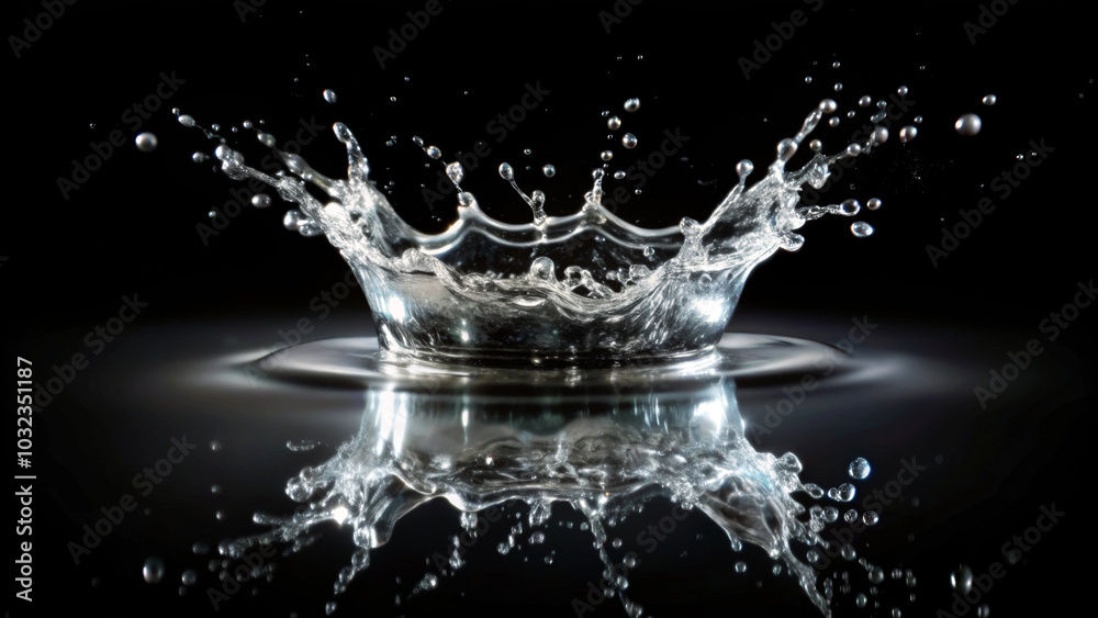 A splash of water forms a crown-like shape as it hits a reflective surface, creating the illusion of perfect symmetry. The drops are scattered outwards, reinforced by a dark background. AI generated. A splash of water forms a crown-like shape as it hits a reflective surface, creating the illusion of perfect symmetry. The drops are scattered outwards, reinforced by a dark background. AI generated.