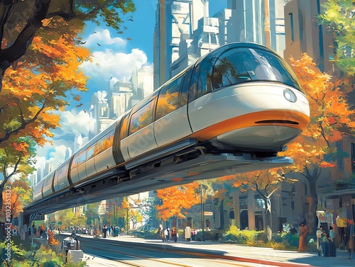 A futuristic monorail train glides through a city street, surrounded by autumn foliage and bustling crowds.