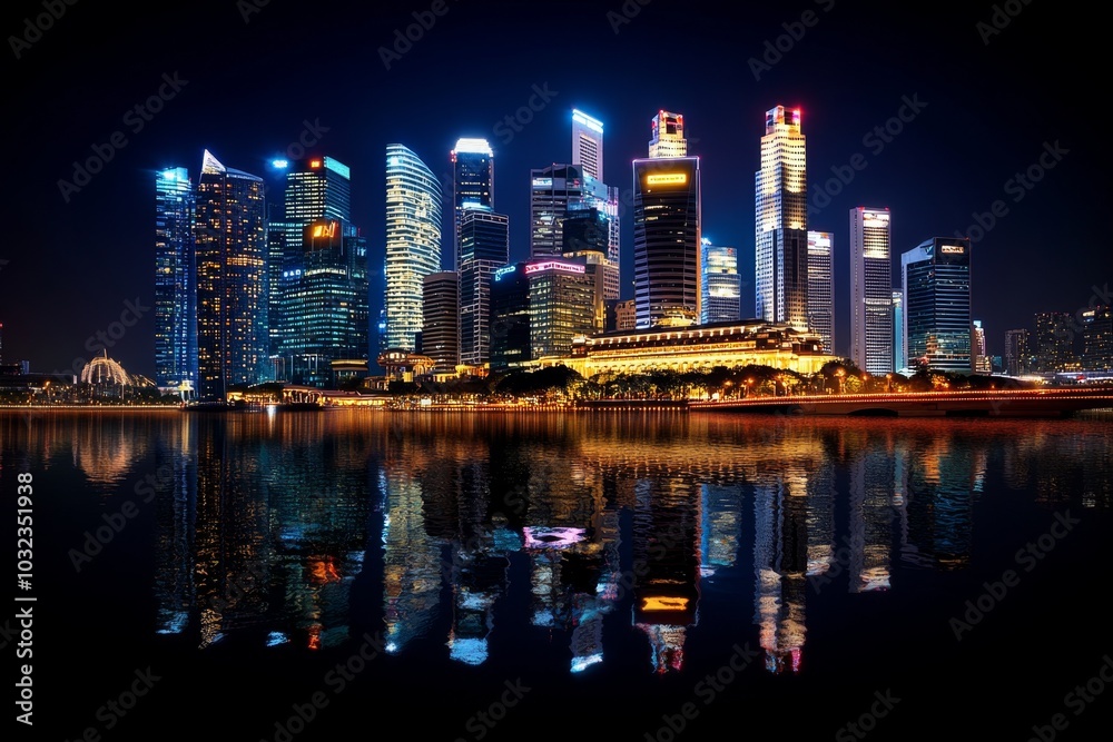 Obraz premium Singapore's Marina Bay Sands hotel glowing at night, reflected in the calm bay waters