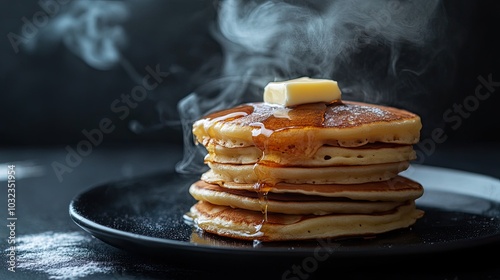 Plate of hot pancakes with butter melting and smoke rising, placed on a black stone surface for a delicious breakfast concept. photo