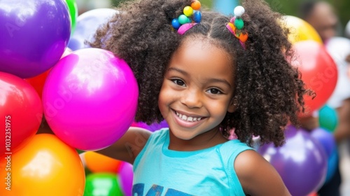Young Girl with Curly Hair Smiling Among Balloons