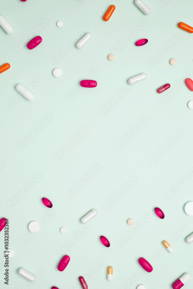 Various colorful pills and capsules scattered on a light blue background. Concept of medicine, healthcare, and pharmaceutical industry Various colorful pills and capsules scattered on a light blue background. Concept of medicine, healthcare, and pharmaceutical industry