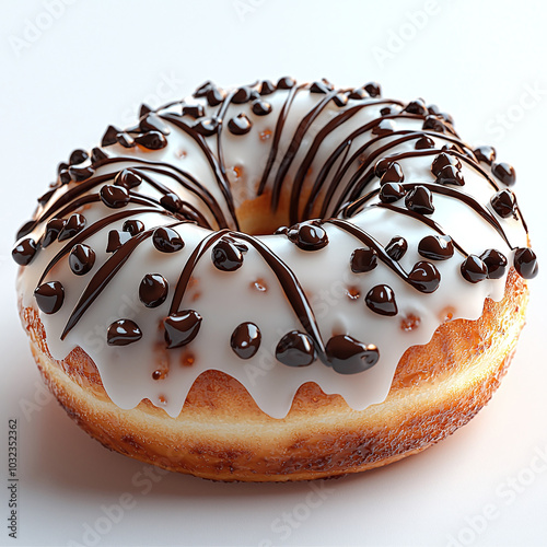 Gourmet Chocolate Drizzled Donut with White Icing and Sprinkles - Perfect for Bakery and Dessert Advertisements photo