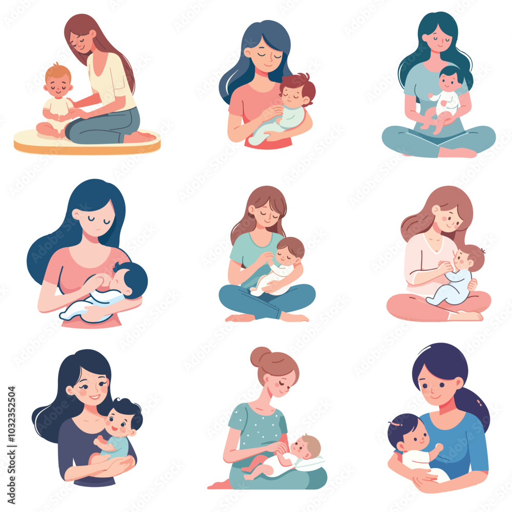 set collection mom and baby interaction flat design vector set collection mom and baby interaction flat design vector