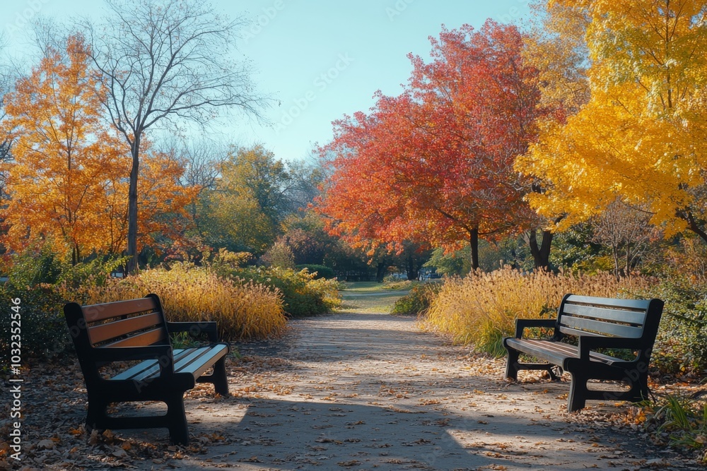 Empty Bench in Autumn Park with Colorful Trees Empty Bench in Autumn Park with Colorful Trees
