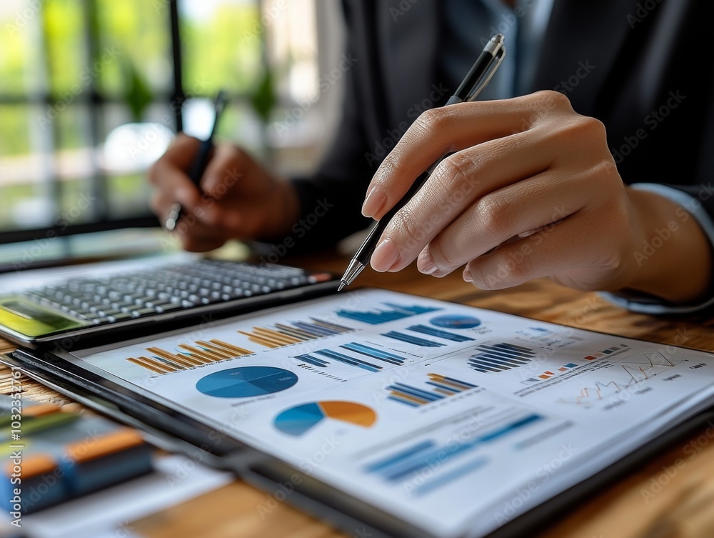 Businessman in suit planning analyze investment and marketing on tablet in office