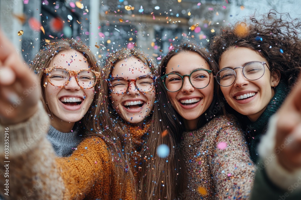 Four joyful friends celebrating together with confetti and smiles. Four joyful friends celebrating together with confetti and smiles.