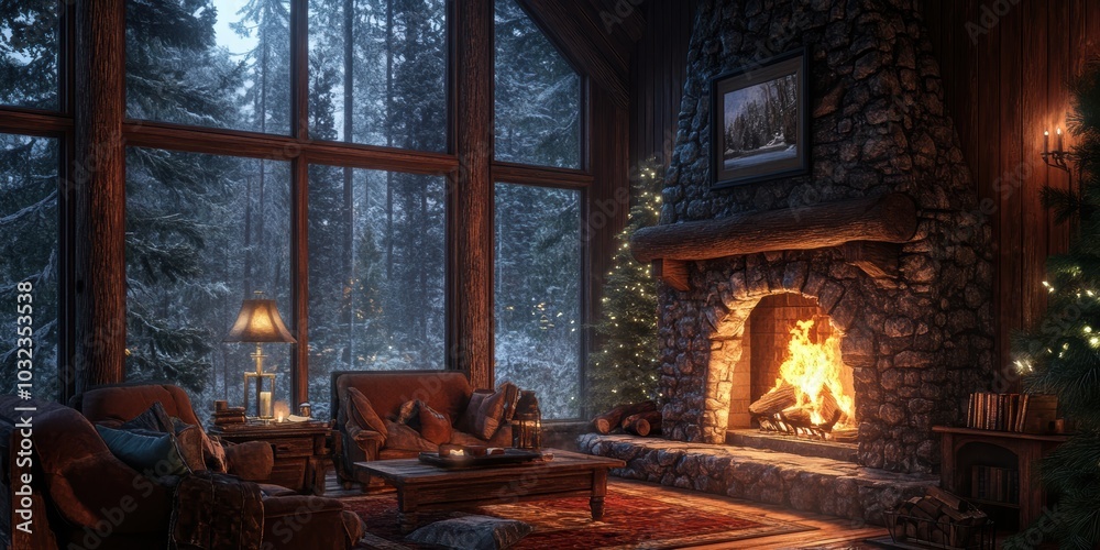 Obraz premium Cozy cabin interior with fireplace and snowy forest view.