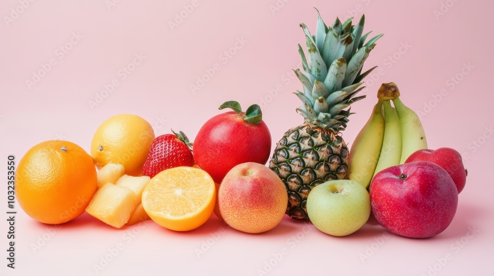 Simple arrangement of fresh fruits on pastel background, negative space for text Simple arrangement of fresh fruits on pastel background, negative space for text