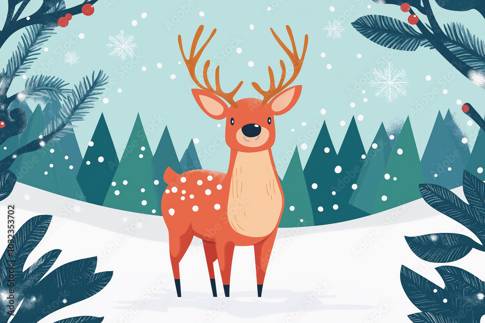 Forest deer in a snowy winter forest, illustration style.
