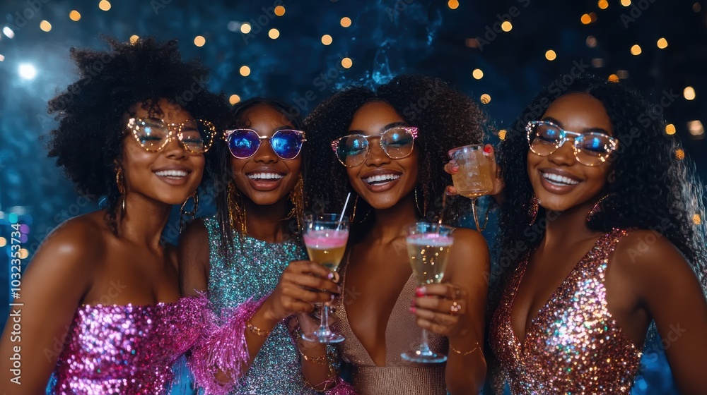 Joyful friends celebrating with drinks at a vibrant party background. Joyful friends celebrating with drinks at a vibrant party background.