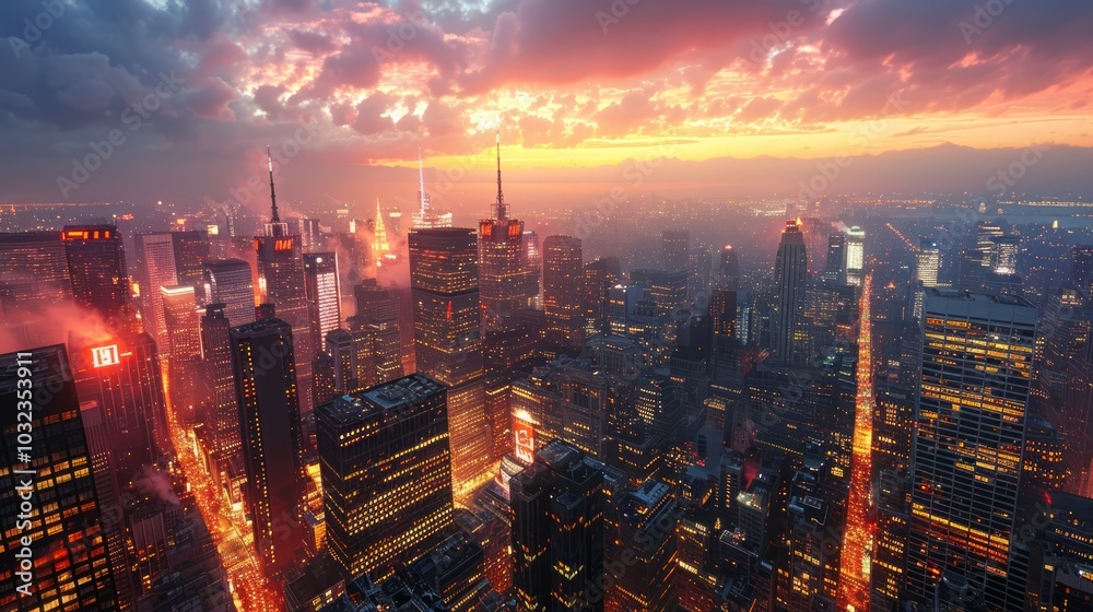 Obraz premium An aerial view of a city skyline at sunset, with skyscrapers and streetlights glowing in the twilight.