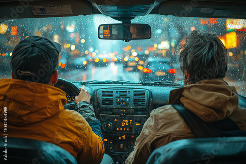 A driving instructor giving feedback to a student in the car, as they review traffic rules together, photo