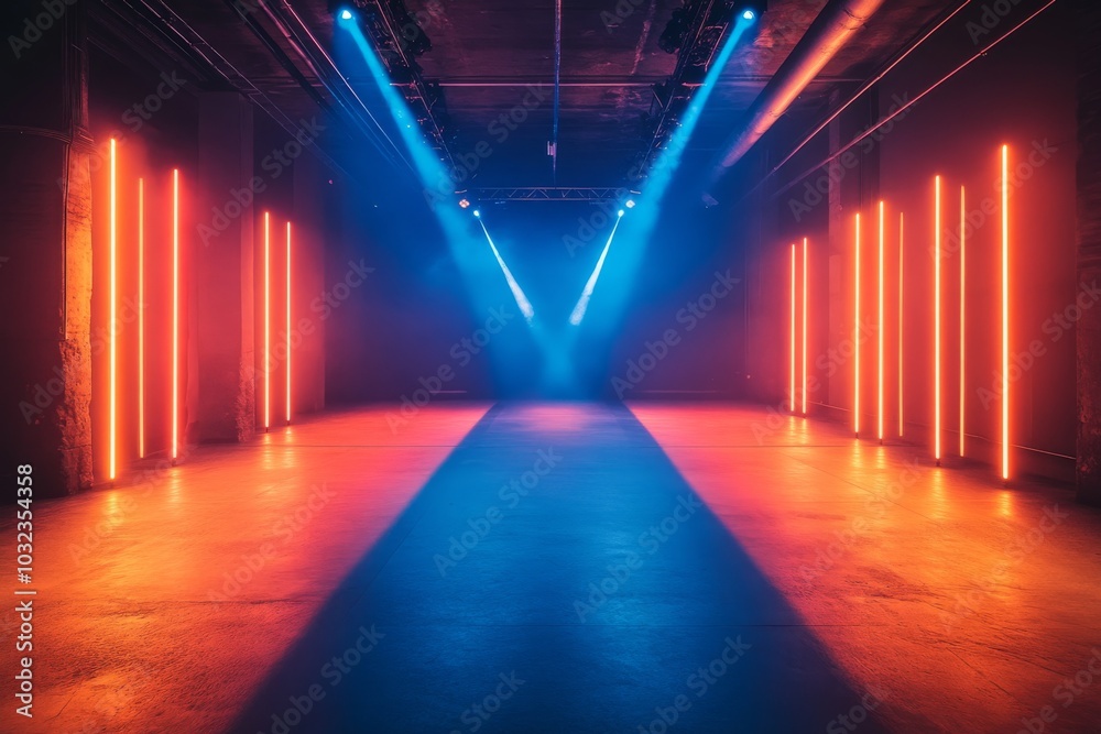 Neon Lights in a Dark Warehouse with Blue and Orange Light Beams Neon Lights in a Dark Warehouse with Blue and Orange Light Beams