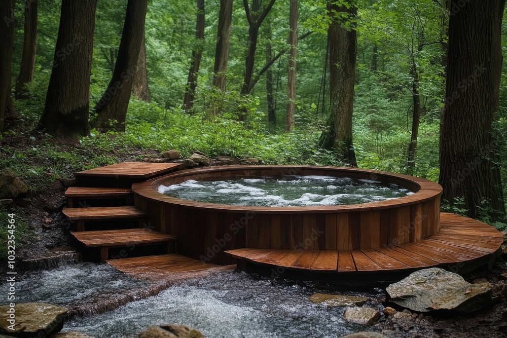 Wooden Hot Tub in Forest with Creek Wooden Hot Tub in Forest with Creek