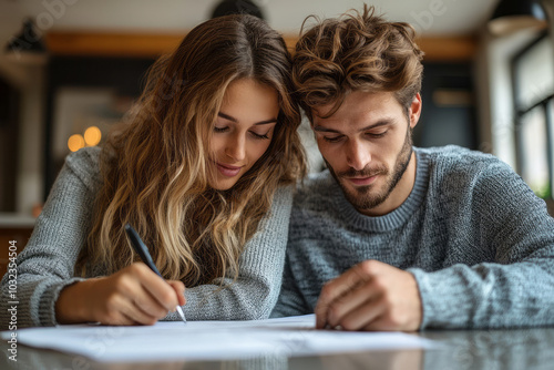 A young couple signing mortgage papers at a bank, feeling both excitement and nervousness as they commit to their dream home,