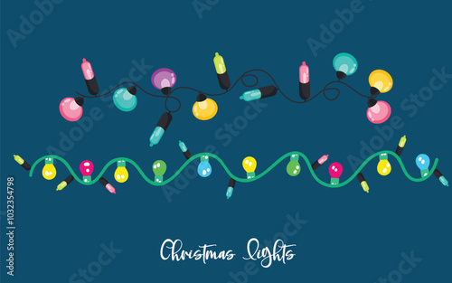 Flat Christmas lights collection. Colorful string fairy light. Hand drawn flat Christmas lights collection. Flat Christmas lights.  Merry Christmas'