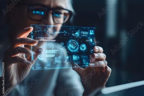 Wallpaper Mural Woman analyzing futuristic digital data on a holographic screen, artificial intelligence, technology innovation, modern interface, smart tech, virtual data visualization concept. Torontodigital.ca