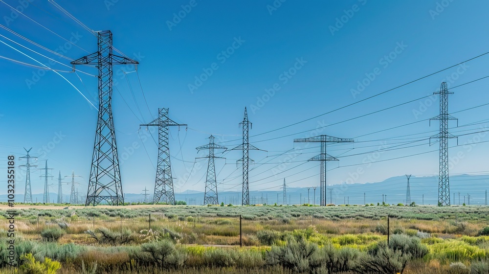 Power Transmission Lines Stretching Across a Vast Landscape Under Clear Blue Skies