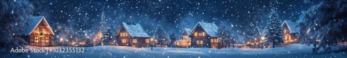 Winter night in the village with snow-covered houses and glowing lights