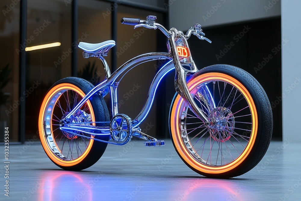 Fototapeta premium Vintage-style bicycle with futuristic neon wheels, glowing faintly