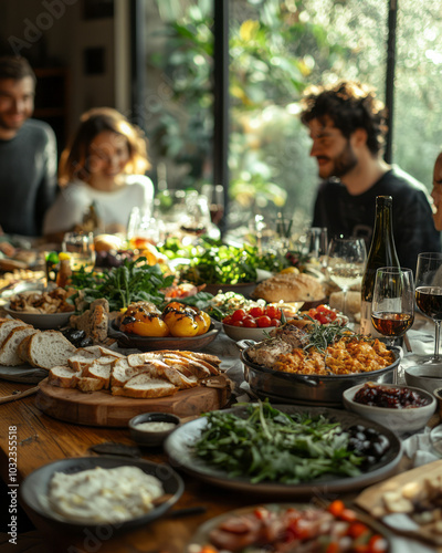 Friends sharing stories and food around a large dining table, celebrating the joy of a new home,