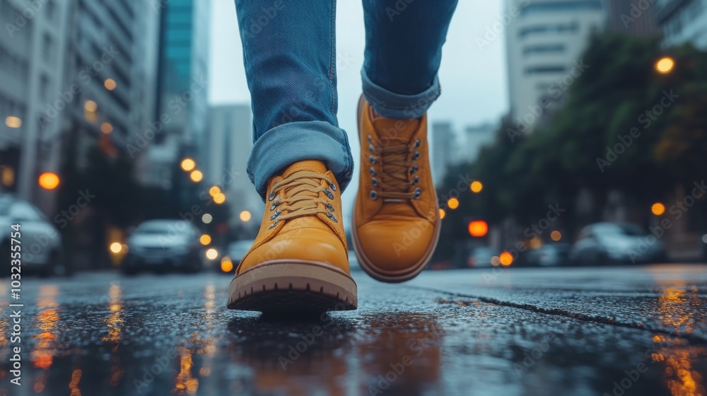 Someone walking on a wet sidewalk with yellow shoes Someone walking on a wet sidewalk with yellow shoes
