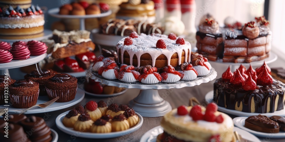 Gourmet cakes and pastries on display. Gourmet cakes and pastries on display.