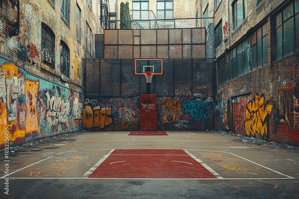 Fototapeta premium Urban Basketball Court with Graffiti Walls