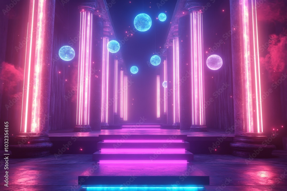 Neon Glow in Ancient Temple Hallway with Pink and Blue Lights