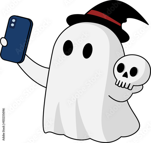 Funny ghost wearing a black witch's hat taking selfie with skull. Halloween themed cartoon illustration