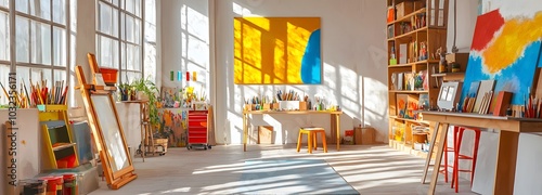 49. A bright art studio with colorful supplies, ready for an artistic product display