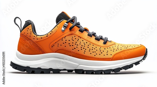Orange and black athletic shoe with white sole isolated on white background.