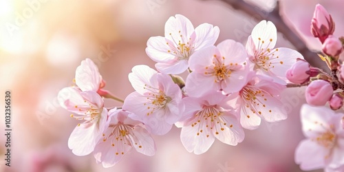 Delicate pink cherry blossoms in bloom.