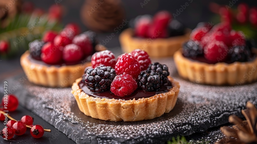 Close-up of four chocolate tarts topped with raspberries and blackberries on a black slate board. Close-up of four chocolate tarts topped with raspberries and blackberries on a black slate board.