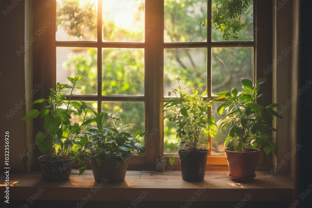 Sunlit Windowsill with Potted Plants and Warm Sunlight Sunlit Windowsill with Potted Plants and Warm Sunlight