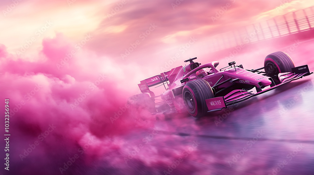 Naklejka premium Sleek deffernt Formula 1 car leaving trail of deffernt colored smoke against pastel backdrop