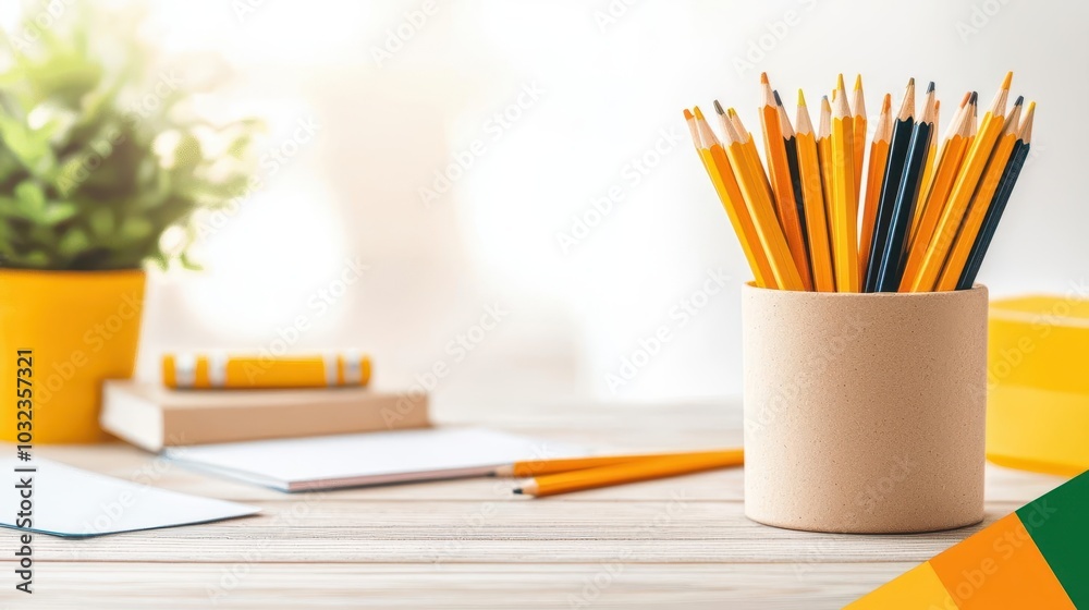 Obraz premium Closeup of pencils in a cup with a blurred background of school supplies, ideal for promoting desk organization tools