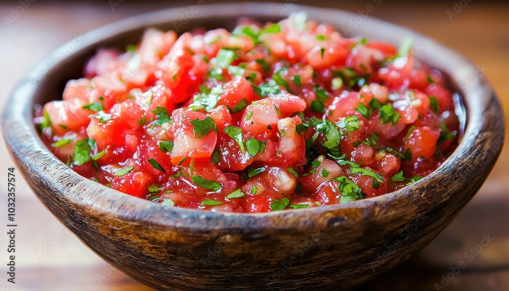 A wooden bowl filled with fresh salsa, featuring diced tomatoes, onions, and cilantro, perfect for dipping or as a topping. A wooden bowl filled with fresh salsa, featuring diced tomatoes, onions, and cilantro, perfect for dipping or as a topping.