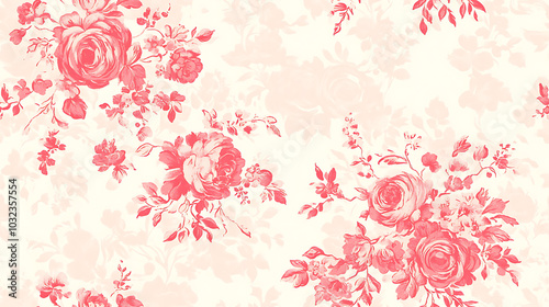 Floral pattern featuring intricate roses and delicate leaves in soft pink tones