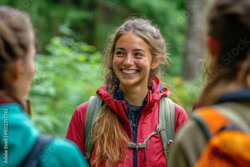 Young woman smiling surrounded by friends outdoors