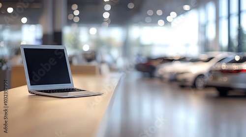 Wallpaper Mural A laptop computer sits on a table in a car dealership showroom with several cars in the background. Torontodigital.ca