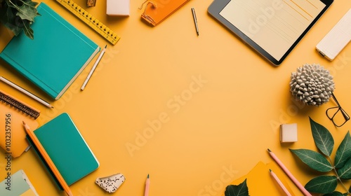 Flat lay of a tablet surrounded by school supplies, blending digital learning and traditional tools for education brands photo